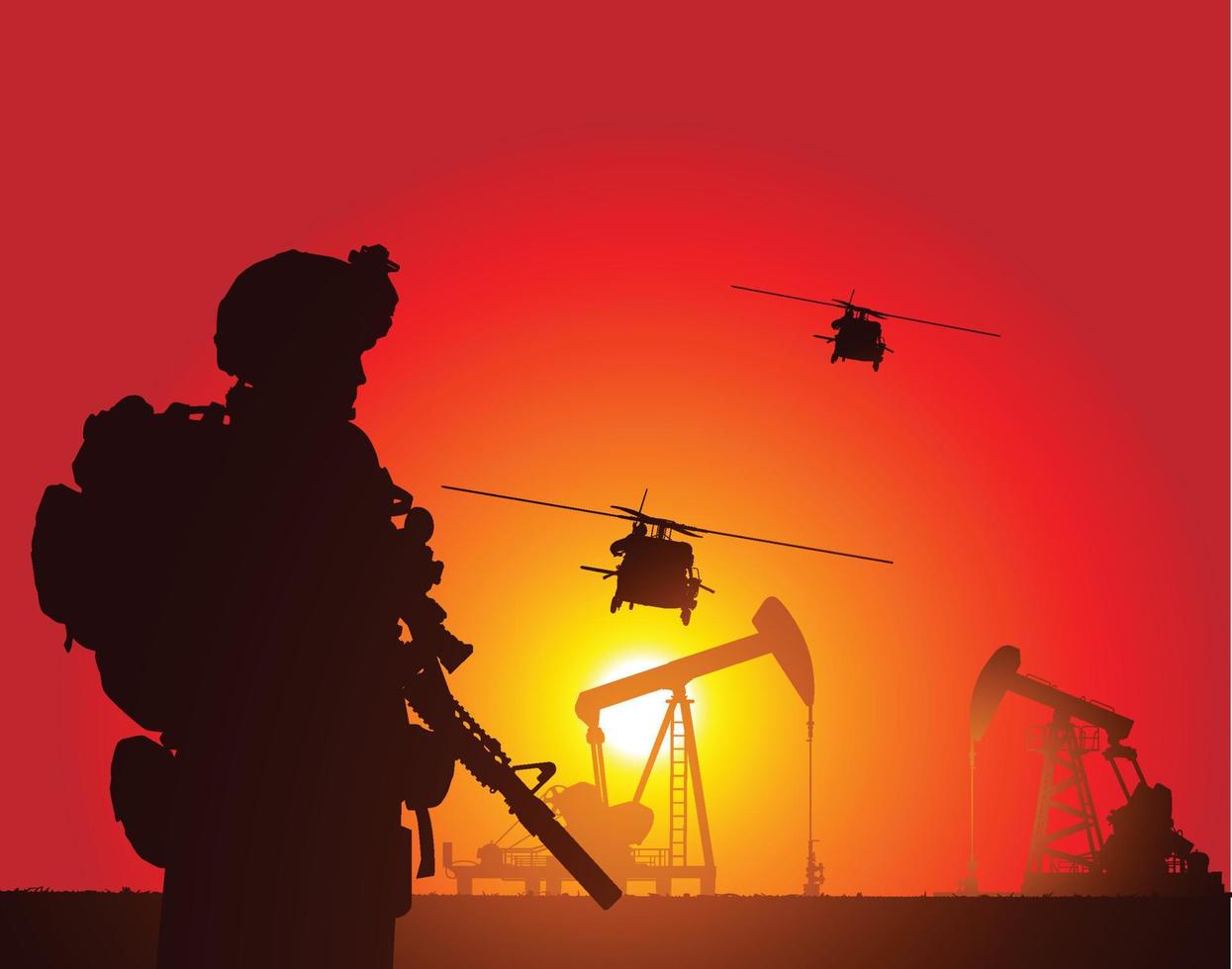 la silhouette des soldats attendant les hélicoptères vecteur