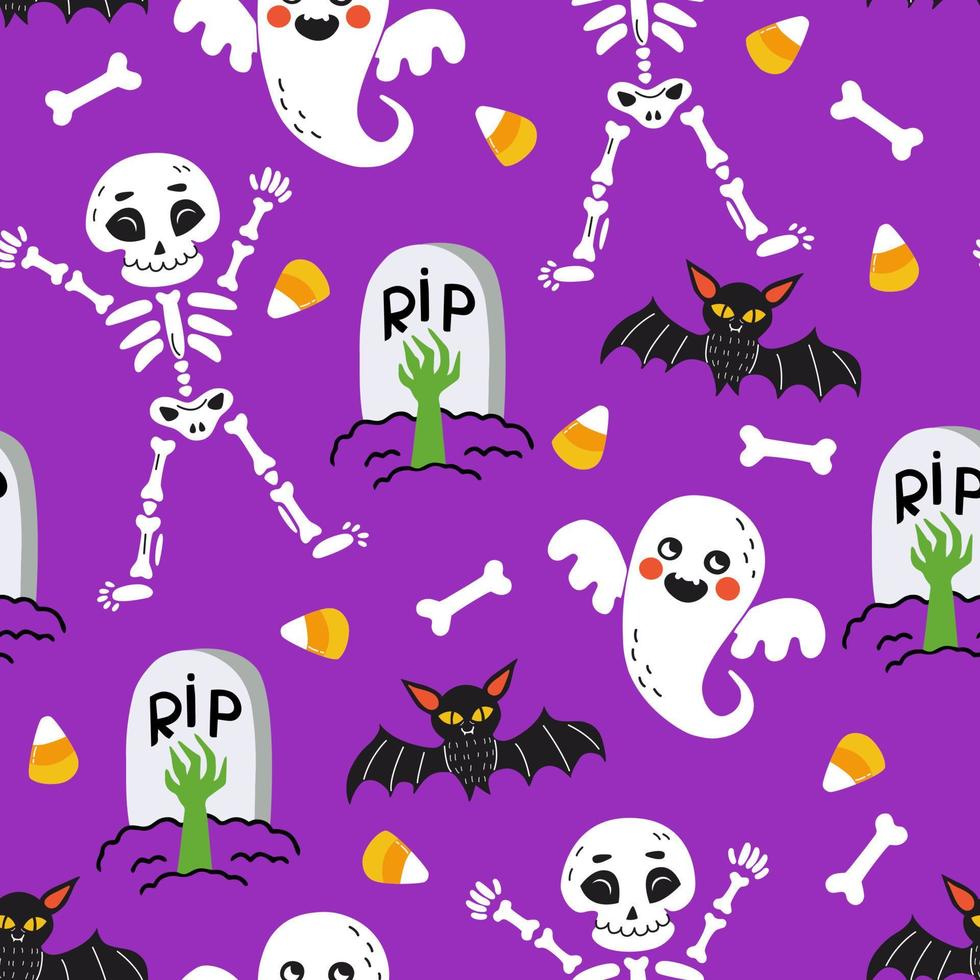 modèle sans couture d'halloween. fond sans fin avec des squelettes, des chauves-souris, des fantômes, des os, des bonbons et des pierres tombales. illustrations lumineuses de style dessin animé dessiné sur fond violet. vecteur