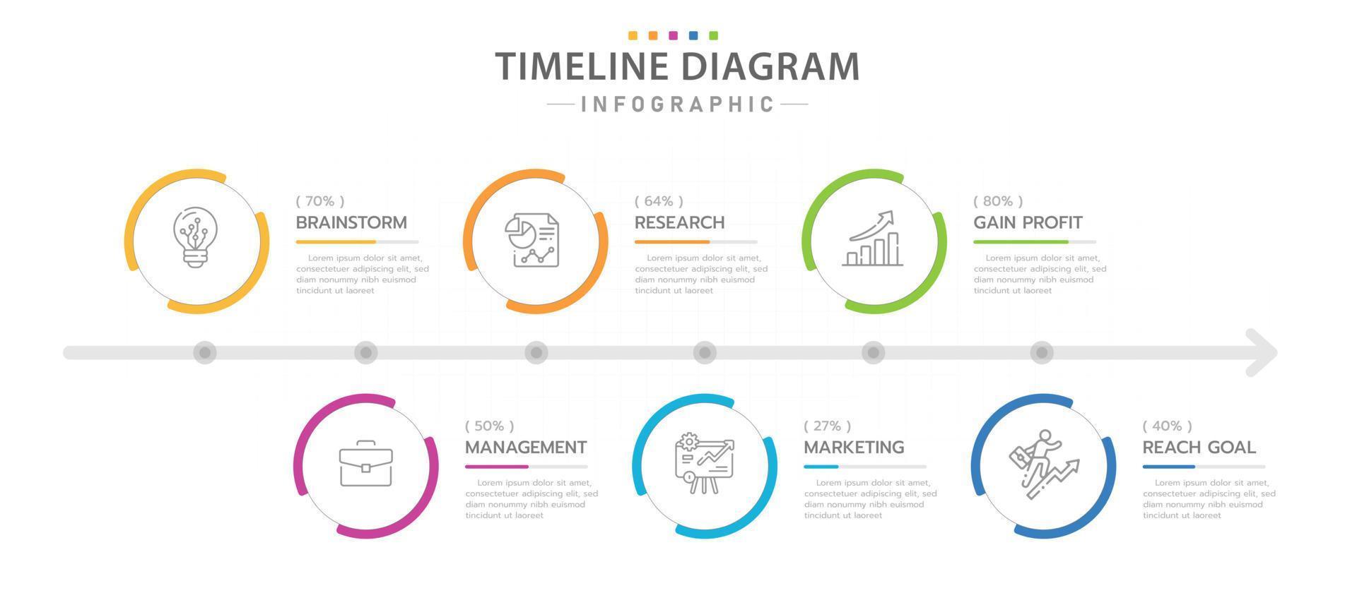 modèle d'infographie pour les entreprises. Diagramme de chronologie moderne en 6 étapes avec cercles, infographie vectorielle de présentation. vecteur
