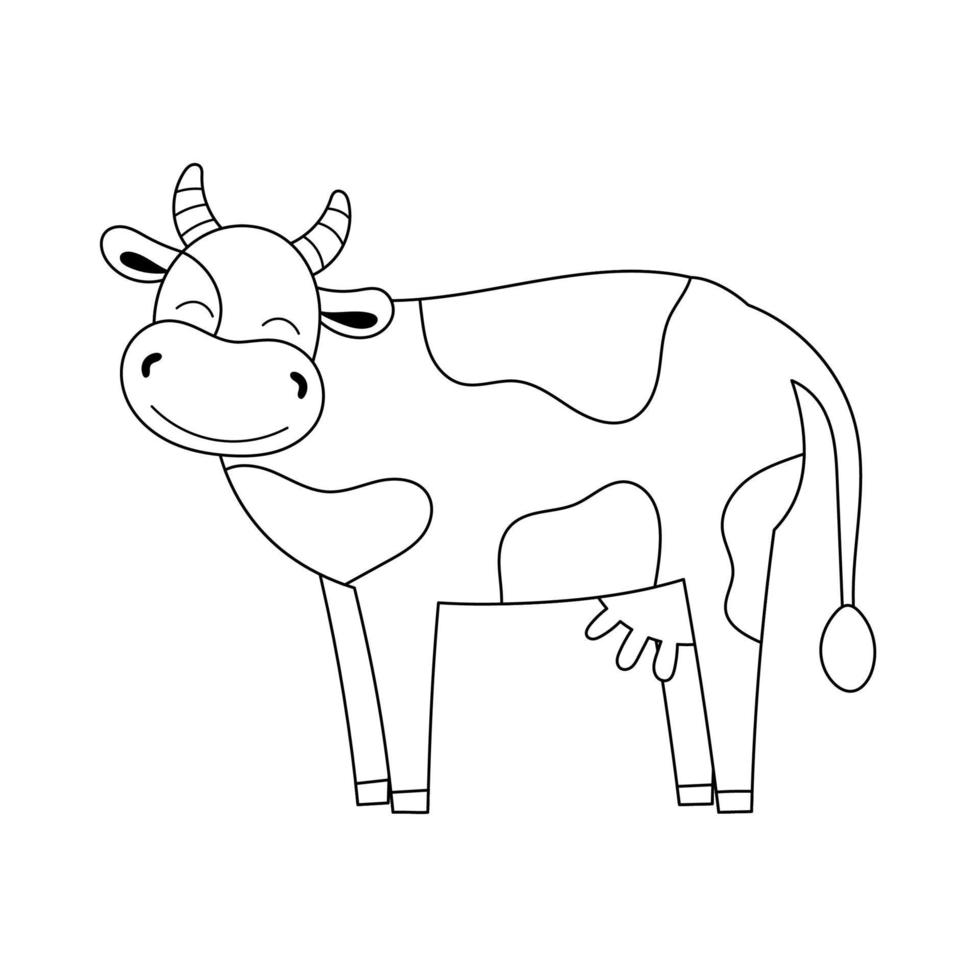 mignon contour doodle vache. produits laitiers. animaux de la ferme et oiseaux.illustration pour livre de coloriage pour enfants. vecteur isolé sur fond blanc