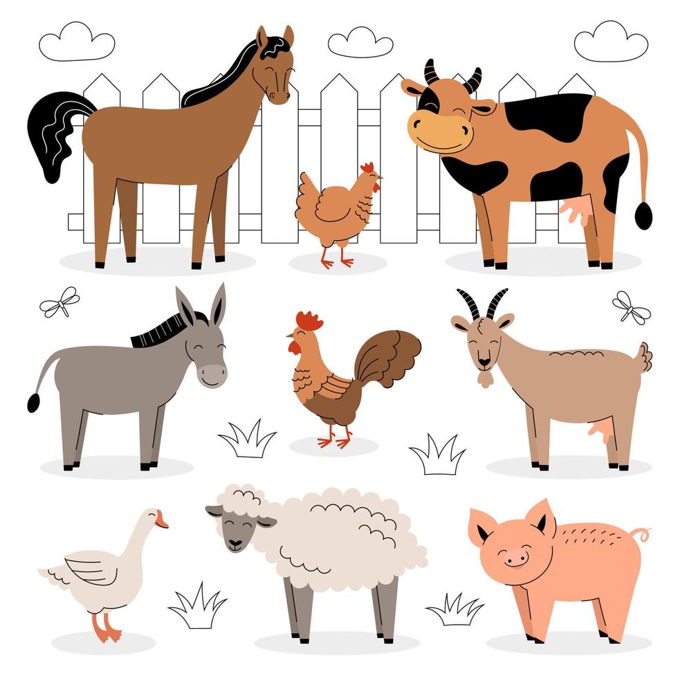 animaux de la ferme sur fond blanc. collection de dessins animés mignons bébés animaux et oiseaux. vache, mouton, chèvre, cheval, âne, cochon, poulet, coq, oie. illustration de vecteur plat isolé.