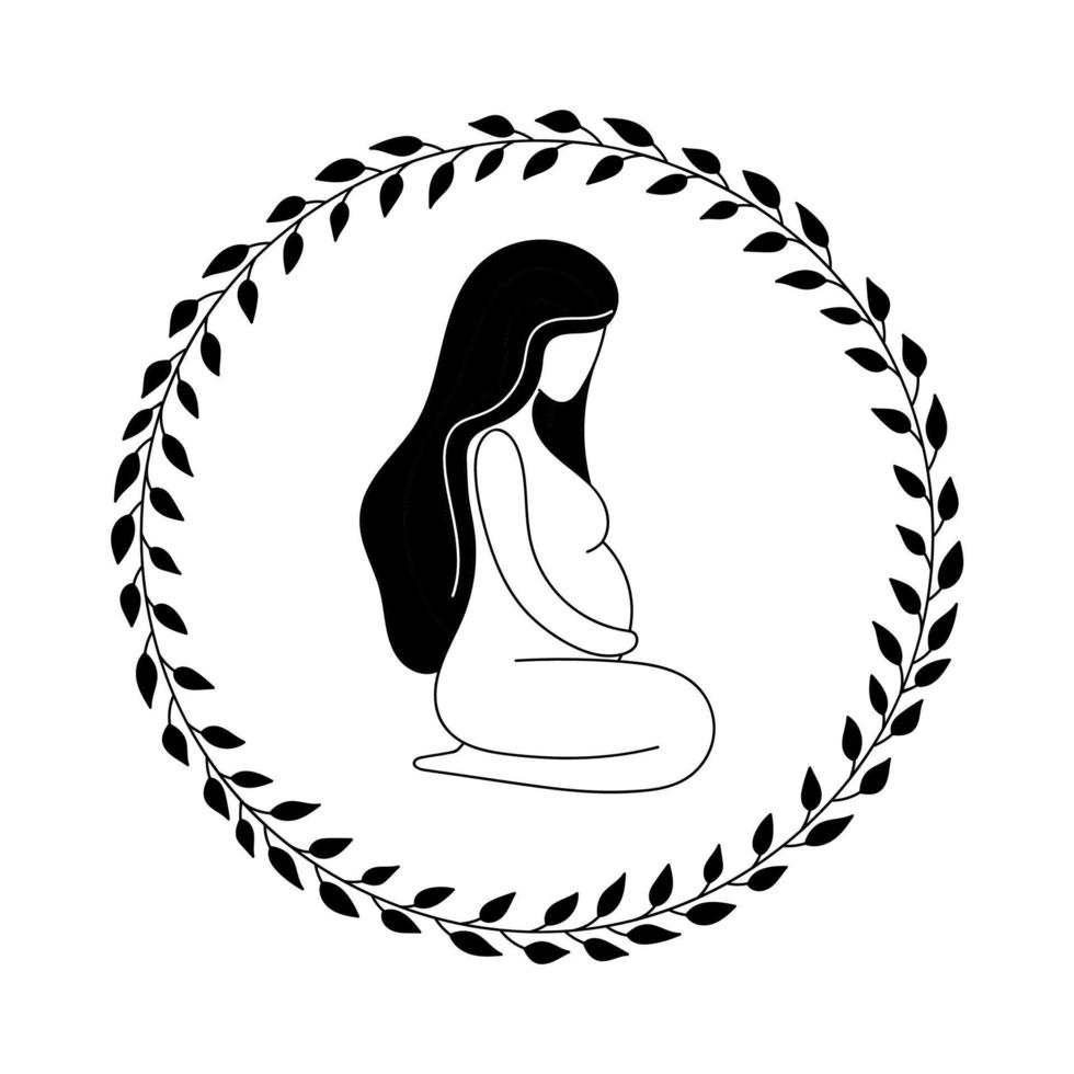 contour vectoriel belle femme enceinte nue assise avec les jambes recroquevillées. maternité, accouchement, préparation à l'accouchement, centre médical prénatal. illustration de main de doodle isolée sur fond blanc.