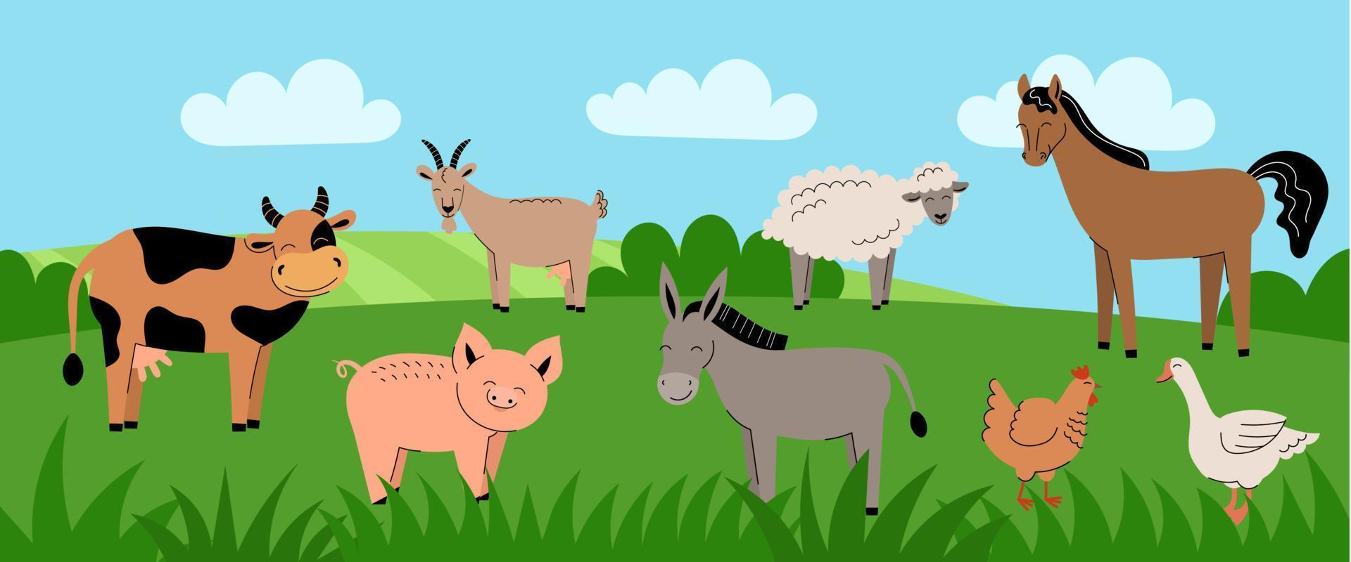 animaux de la ferme sur le pré vert. collection de dessins animés mignons bébés animaux et oiseaux. vache, mouton, chèvre, cheval, âne, cochon, poulet, coq, oie. paysage rural d'été, champ, illustration vectorielle banner.flat vecteur