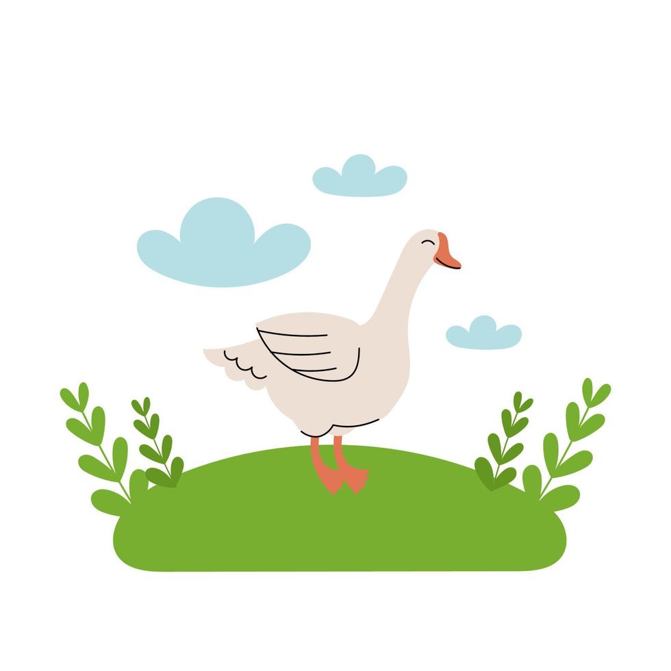 l'oie blanche mignonne se tient dans le pré. animaux de ferme de dessin animé, agriculture, rustique. illustration plate vectorielle simple sur fond blanc avec des nuages bleus et de l'herbe verte. vecteur
