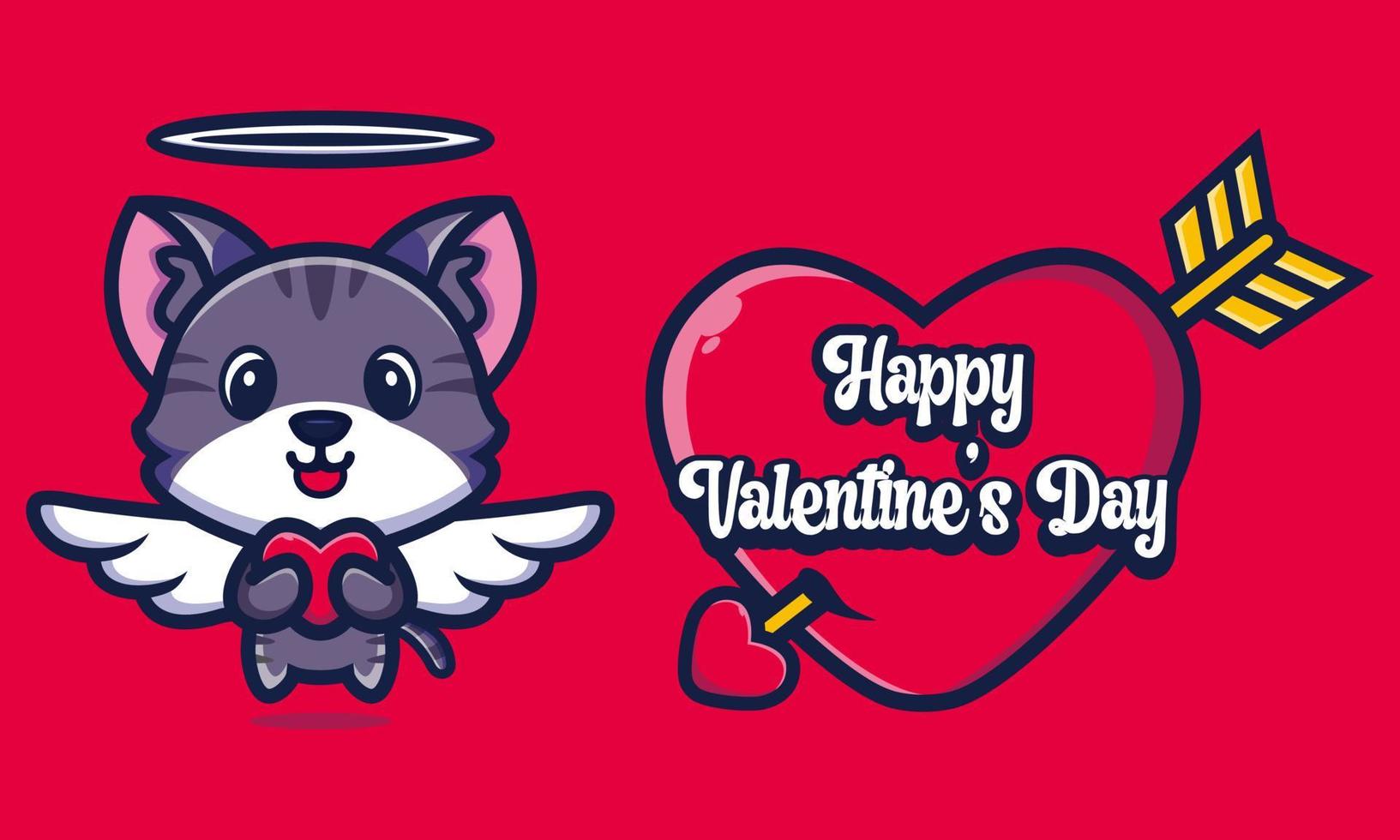 chat mignon étreignant un coeur avec les salutations de la Saint-Valentin vecteur