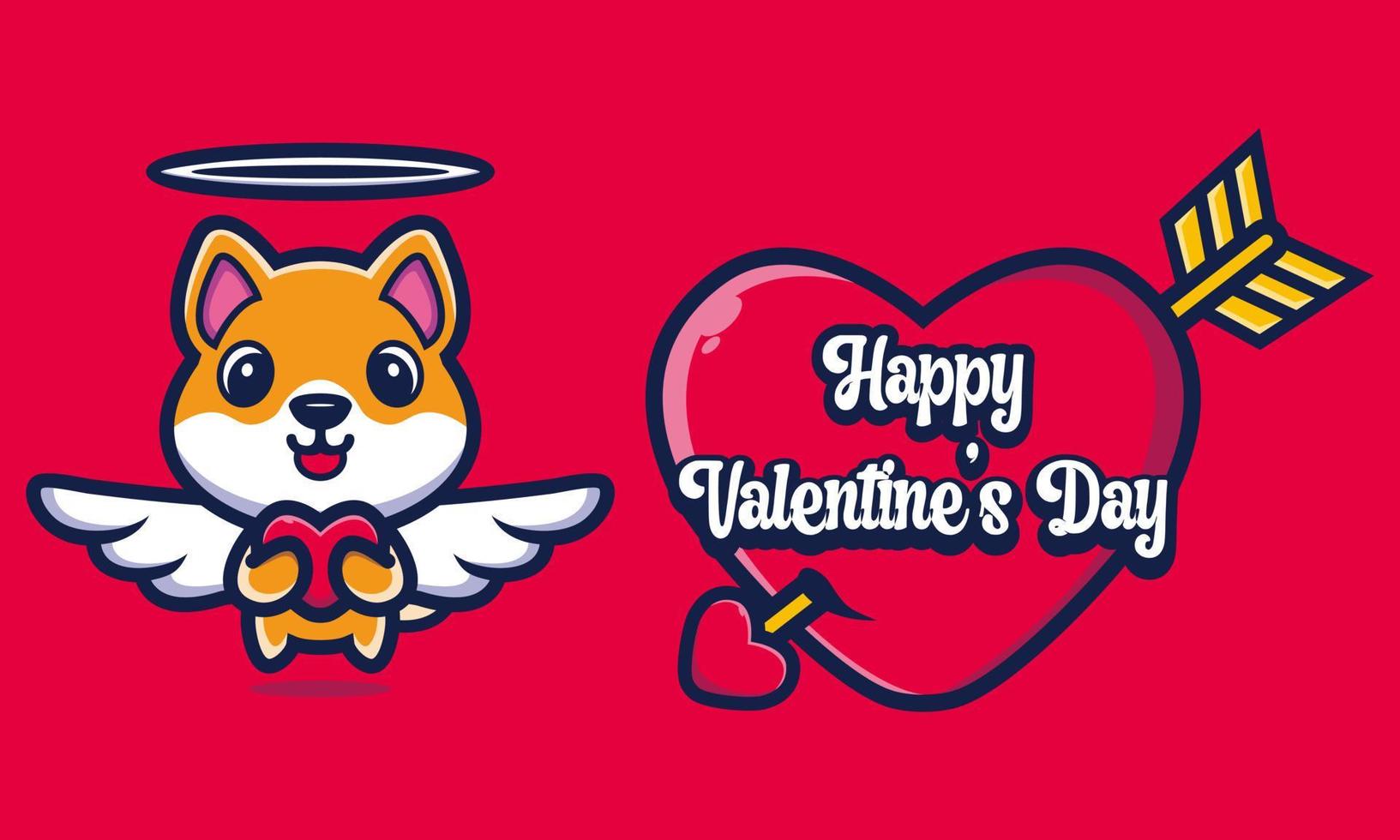 mignon chien shiba inu étreignant un coeur avec des salutations de bonne saint valentin vecteur