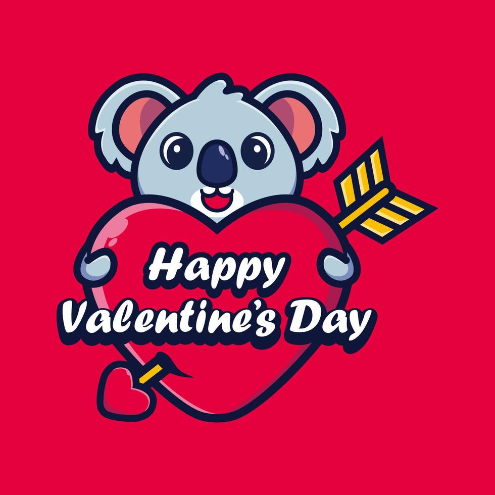 koala mignon étreignant un coeur avec les salutations de la saint valentin vecteur