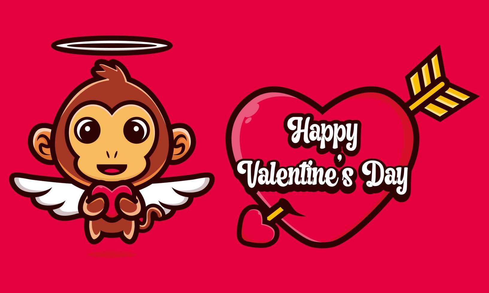 singe mignon étreignant un coeur avec les salutations de la saint valentin vecteur