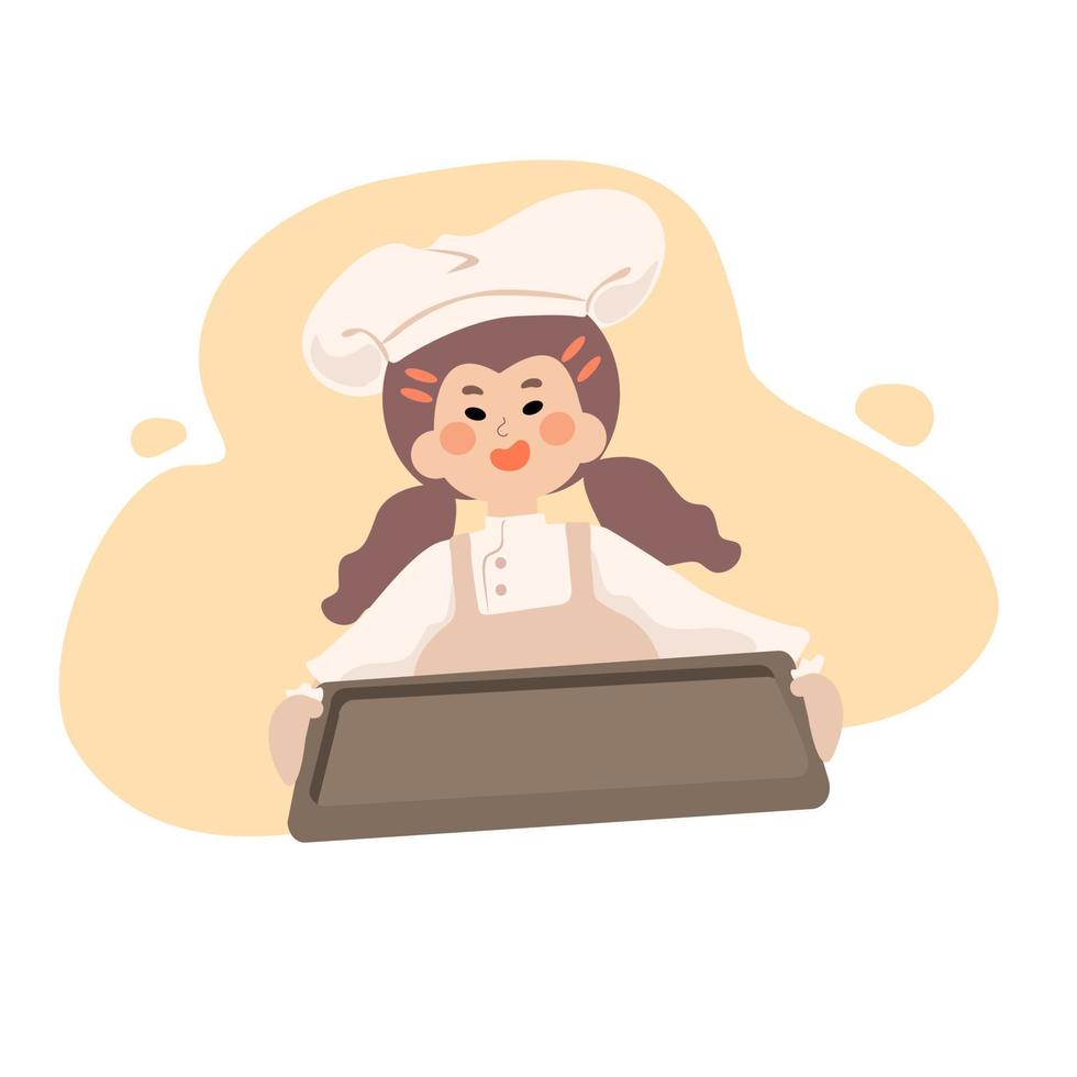 jeune femme tenant une plaque à pâtisserie. jolie fille servant une boulangerie maison. portant un tablier, un chapeau de cuisinier et un gant de cuisine. rester à la maison. illustration vectorielle plane sur la cuisson des aliments à la maison. vecteur