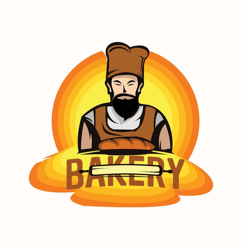 logo de la boulangerie. illustration vectorielle dessinée à la main du chef-cuisinier avec une moustache et du pain. logo du chef vecteur