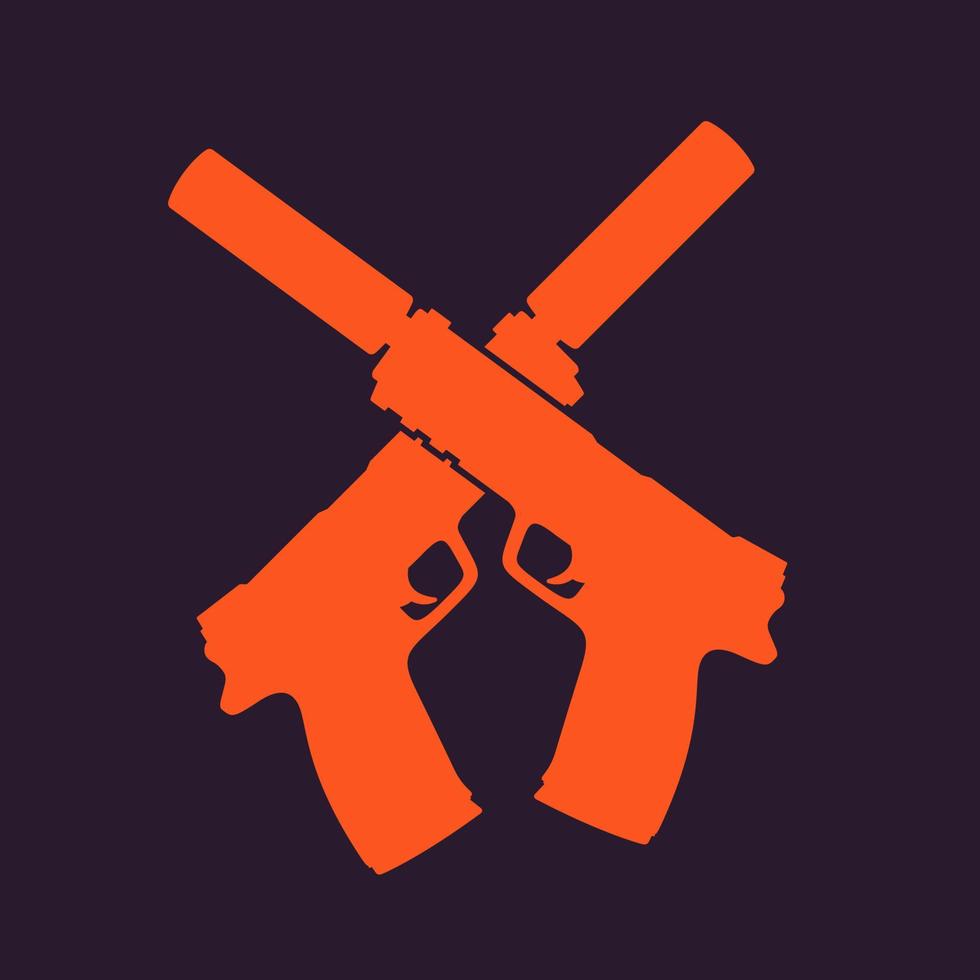 silhouette de pistolets, armes de poing avec silencieux, impression avec pistolets croisés vecteur