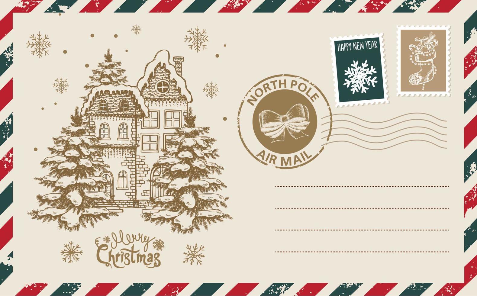 courrier de noël, carte postale, illustration dessinée à la main. vecteur