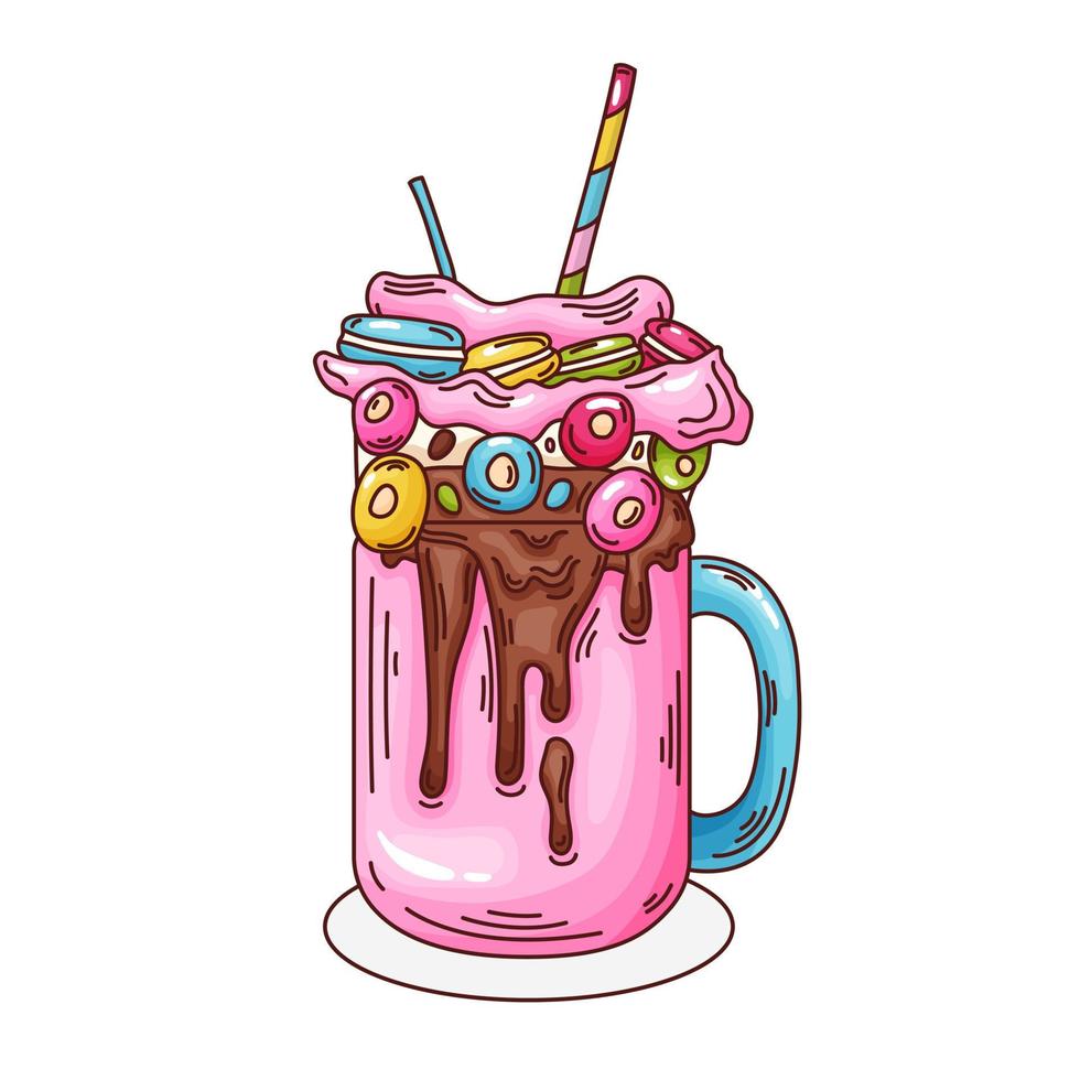 milkshake rose avec céréales de petit déjeuner, illustration vectorielle. vecteur