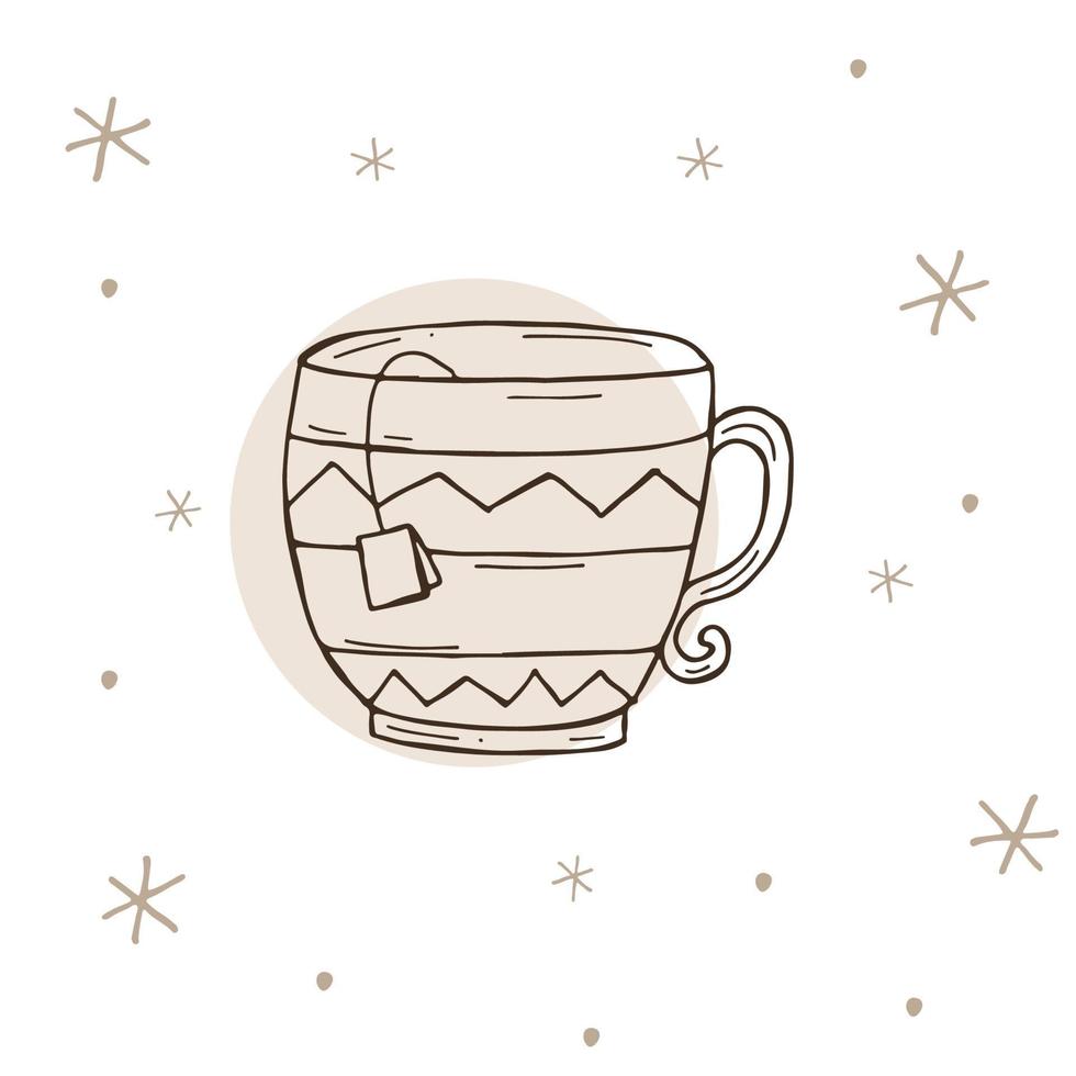 tasse de thé avec des flocons de neige sur fond blanc et marron. illustration vectorielle dans un style doodle. humeur d'hiver. bonjour 2023. joyeux noël et bonne année. vecteur