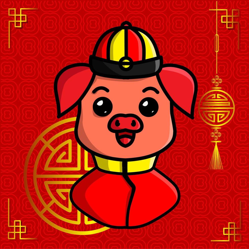joyeux Nouvel An chinois. dessin animé mignon cochon serti de costume traditionnel chinois. l'année du vecteur du zodiaque animal