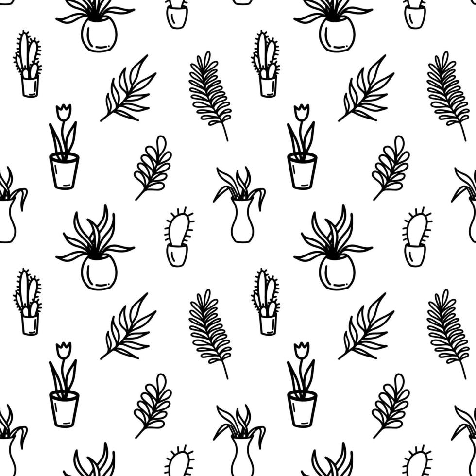 modèle sans couture de fleur abstraite avec des feuilles et des points. doodle fond noir et blanc mignon. impression simple monochrome d'été. fleurs dessinées à la main dans des pots. fond d'écran noir et blanc, cactus, tulipe vecteur