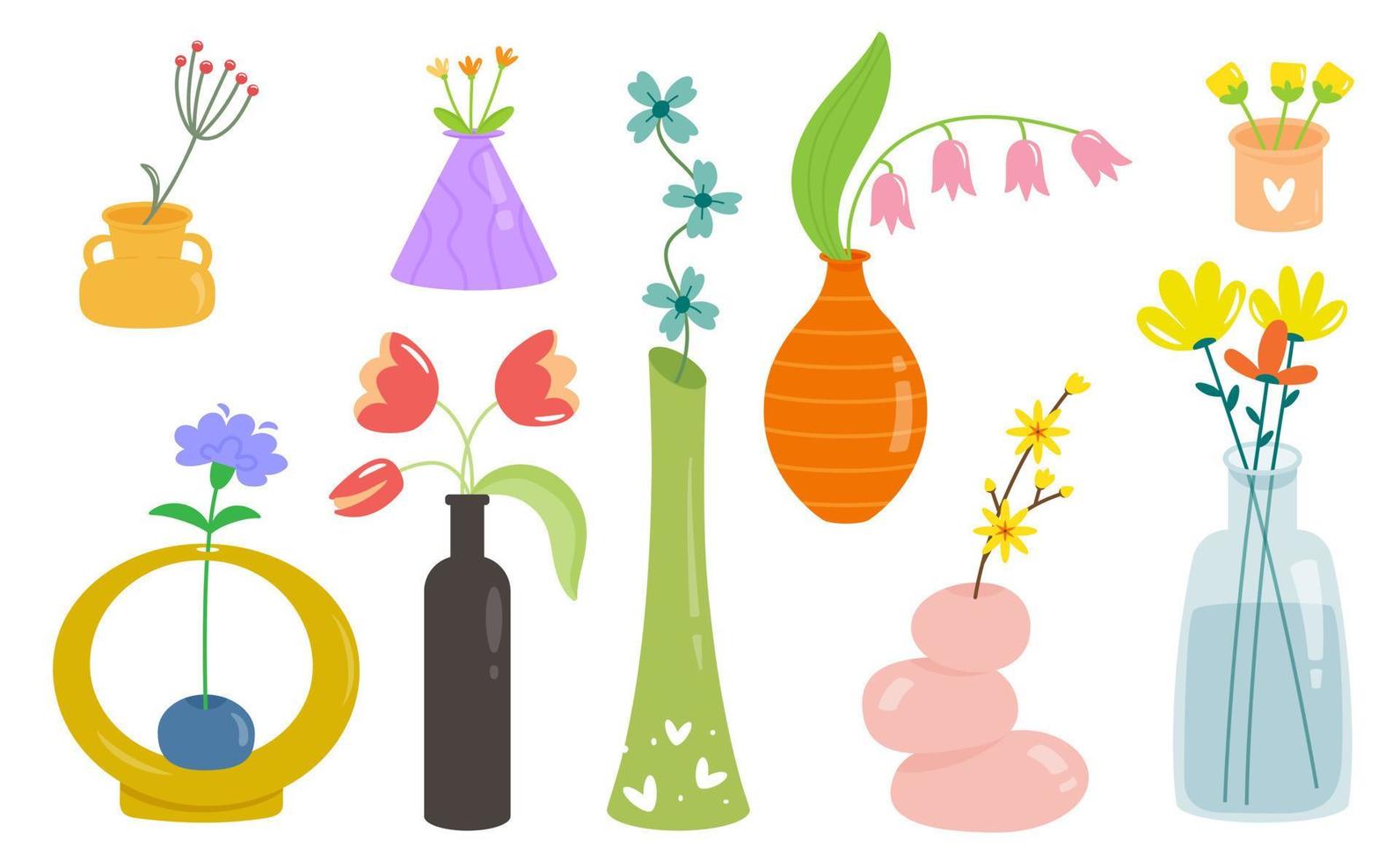 fleurs multicolores dans de beaux vases. L'ensemble de vecteurs se compose de neuf éléments isolés. vecteur