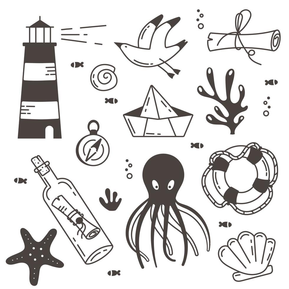 Doodles dessinés à la main de vecteur de vie marine. ensemble de griffonnage. icônes de style dessin au trait. dessin au trait à la main. illustration vectorielle isolée.
