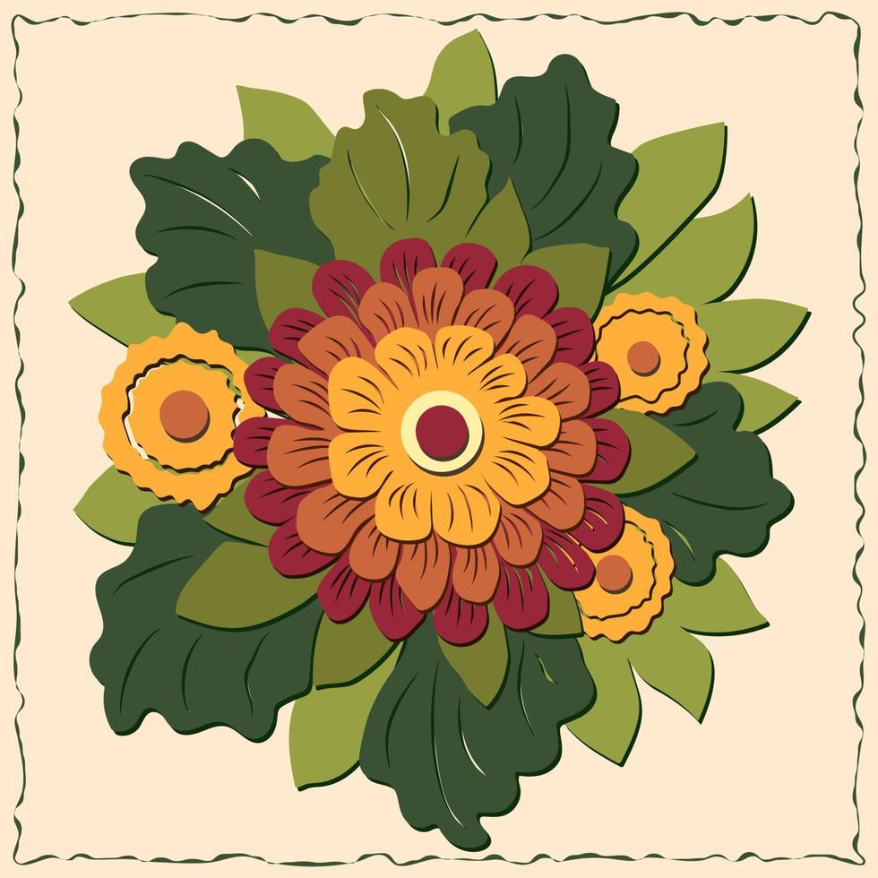 composition florale ronde avec fleur de dahlia à grandes feuilles et petites fleurs. illustration vectorielle vecteur