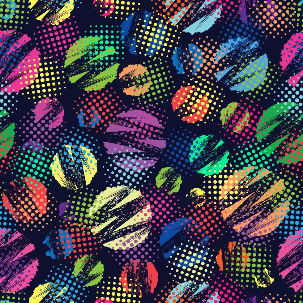 motif abstrait harmonieux de cercles, coup de pinceau en zigzag, éléments de demi-teintes. cercles multicolores sur fond sombre. texture grunge moderne avec demi-teintes. parfait pour les vêtements de sport, les articles de sport vecteur