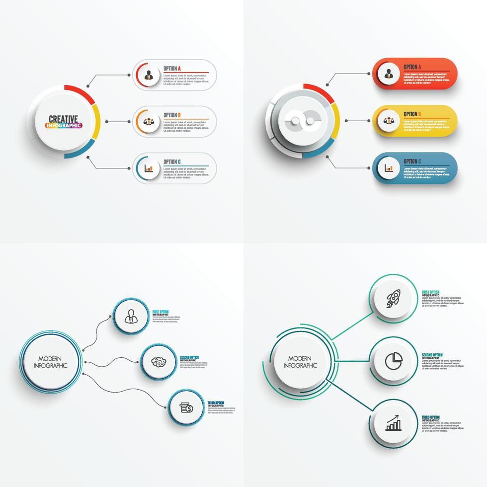 définir des éléments abstraits du modèle d'infographie graphique avec étiquette, cercles intégrés. concept d'entreprise avec 3 options. pour le contenu, le diagramme, l'organigramme, les étapes, les pièces, l'infographie de la chronologie, la mise en page. vecteur