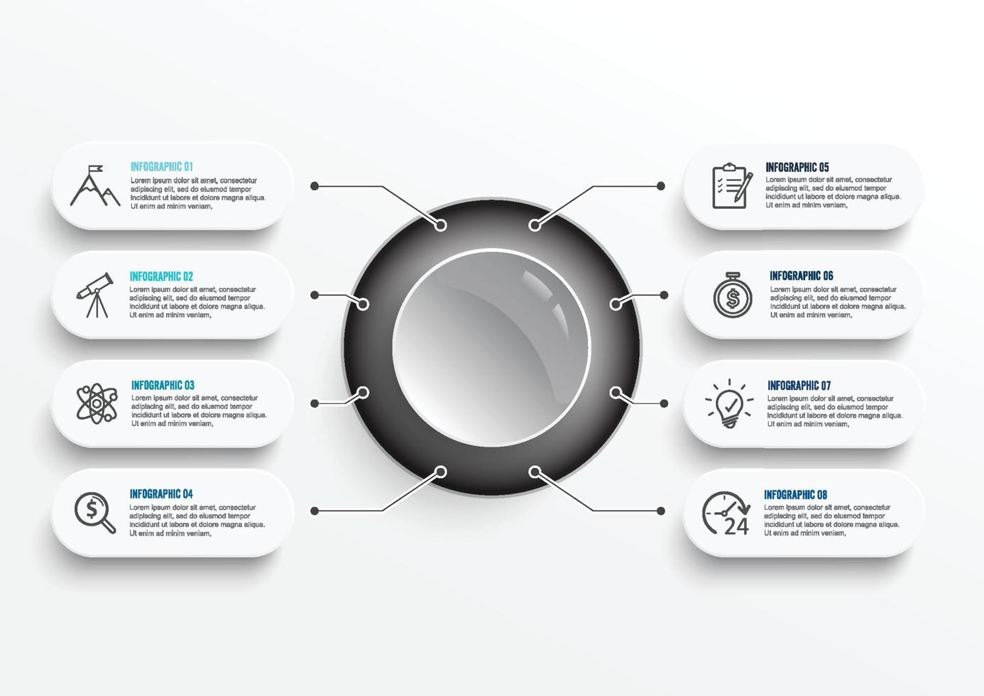 modèle infographique de vecteur avec étiquette en papier 3d, cercles intégrés. concept d'entreprise avec 8 options. pour le contenu, le diagramme, l'organigramme, les étapes, les pièces, les infographies de chronologie, le flux de travail, le graphique.