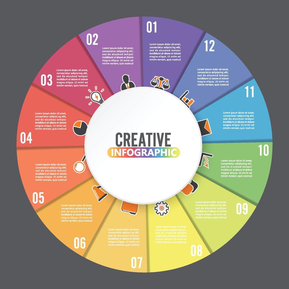 modèle d'infographie de diagramme circulaire avec 12 options pour les présentations, la publicité, les mises en page, les rapports annuels vecteur