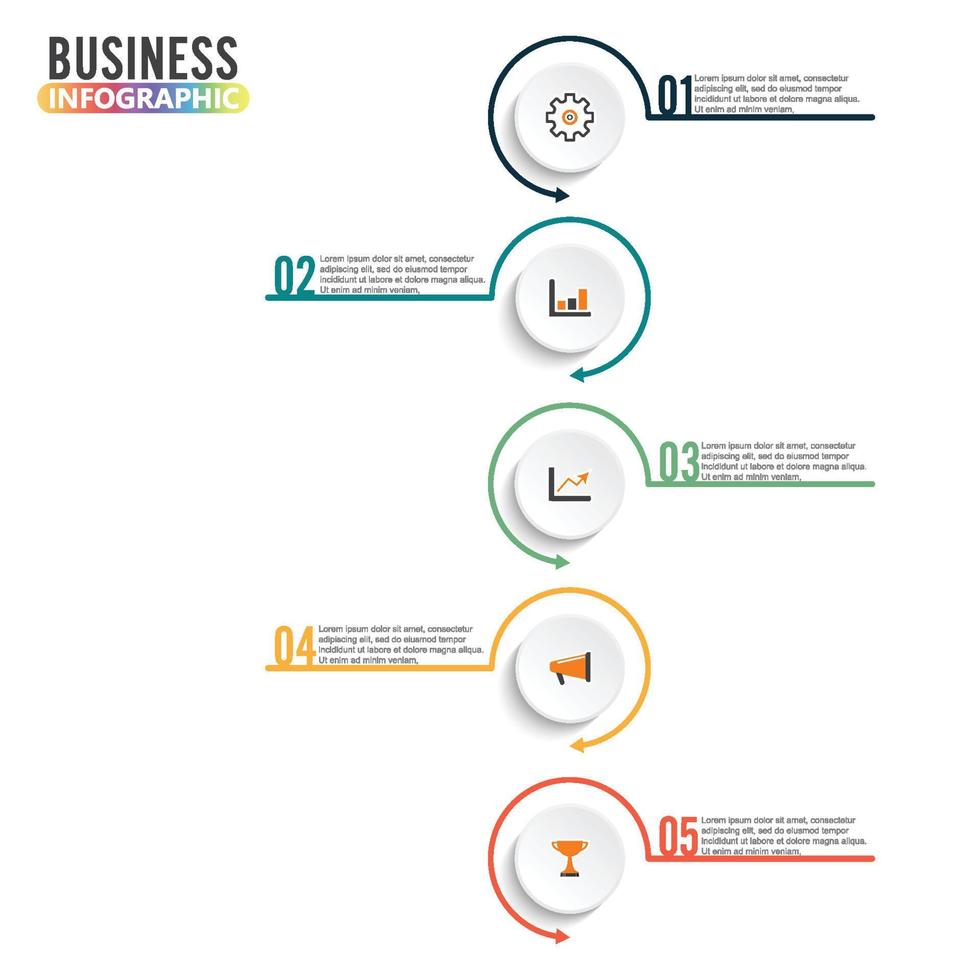 modèle d'infographie 3d abstrait avec cinq étapes pour réussir. modèle de cercle d'affaires avec des options pour la brochure, le diagramme, le flux de travail, la chronologie, la conception Web. vecteur eps 10