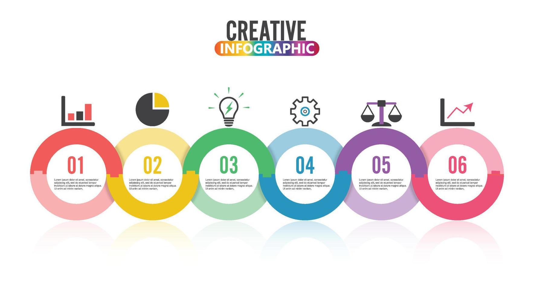 l'infographie de la chronologie du modèle horizontale colorée numérotée pour six positions peut être utilisée pour le flux de travail, la bannière, le diagramme, la conception Web, le graphique en aires vecteur