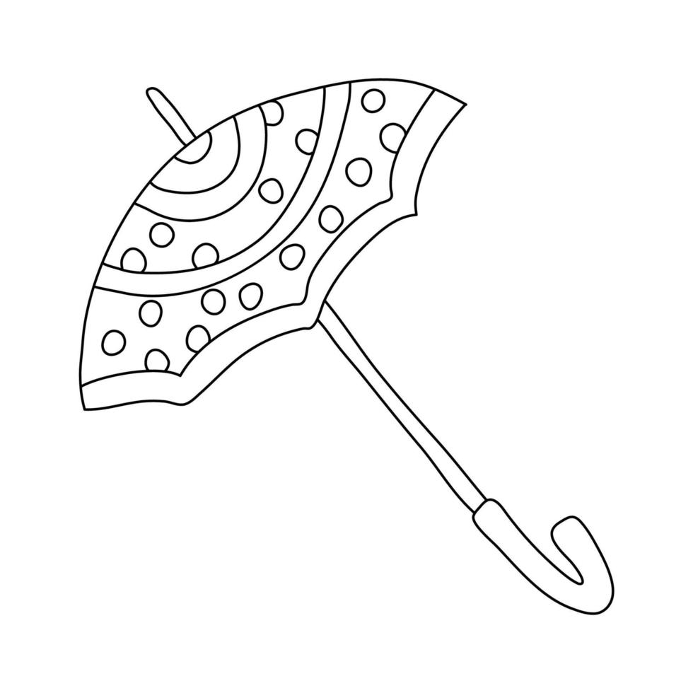 parapluie ouvert décoré de pois dans un style doodle. contour isolé. illustration vectorielle dessinée à la main à l'encre noire sur fond blanc. idéal pour les livres de coloriage. vecteur