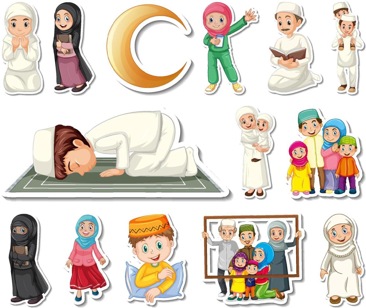ensemble d'autocollants de symboles religieux islamiques et de personnages de dessins animés vecteur