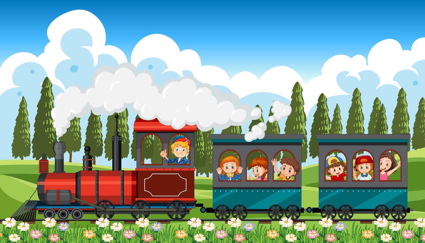 scène avec des enfants à bord d'un train sur le terrain vecteur