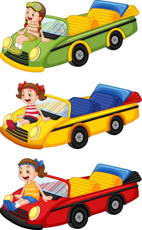 ensemble d'enfants différents avec des voitures décapotables vecteur