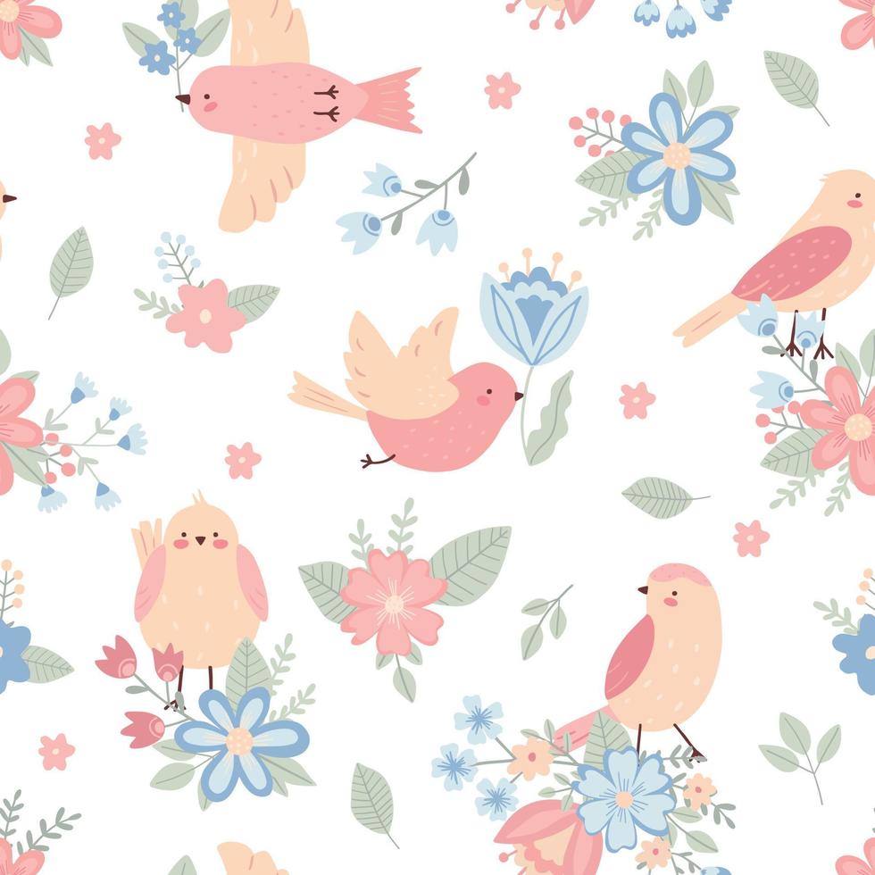 modèle sans couture avec des oiseaux et des fleurs enfantins sur fond blanc. jolie illustration vectorielle aux couleurs pastel avec des éléments floraux, pour le design, le tissu et les textiles. vecteur