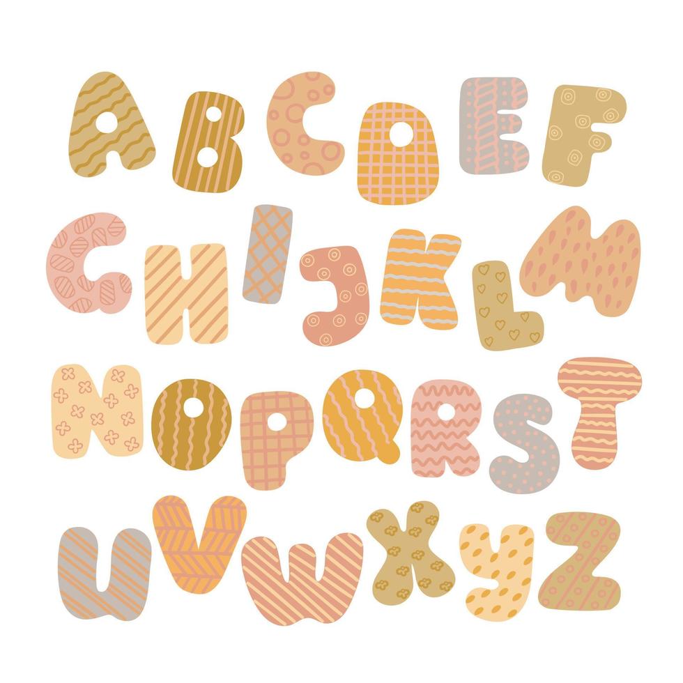 lettres de l'alphabet anglais de a à z, style doodle décoré avec une illustration vectorielle de motif abstrait simple, abc d'écriture décorative drôle mignon, lettres de police manuscrites, lettrage vecteur