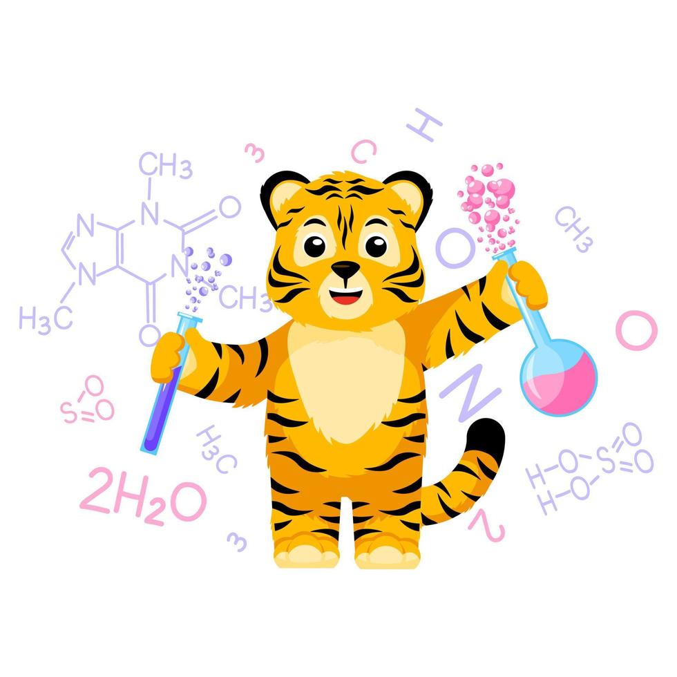 petit tigre scientifique avec formule isolée. chimie de professeur de tigre rayé de dessin animé de personnage. vecteur