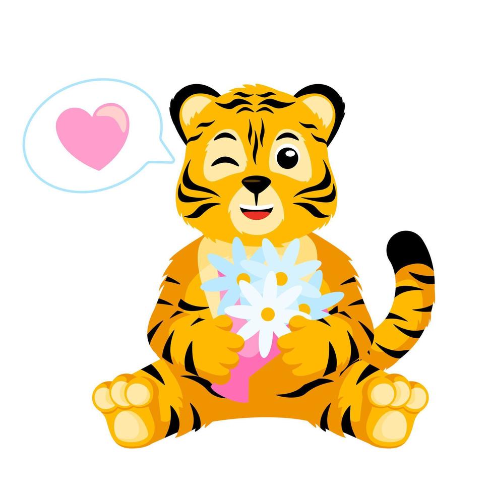 mignon petit personnage de clin d'oeil de tigre isolé. le tigre rayé de dessin animé de club heureux tombe amoureux. vecteur