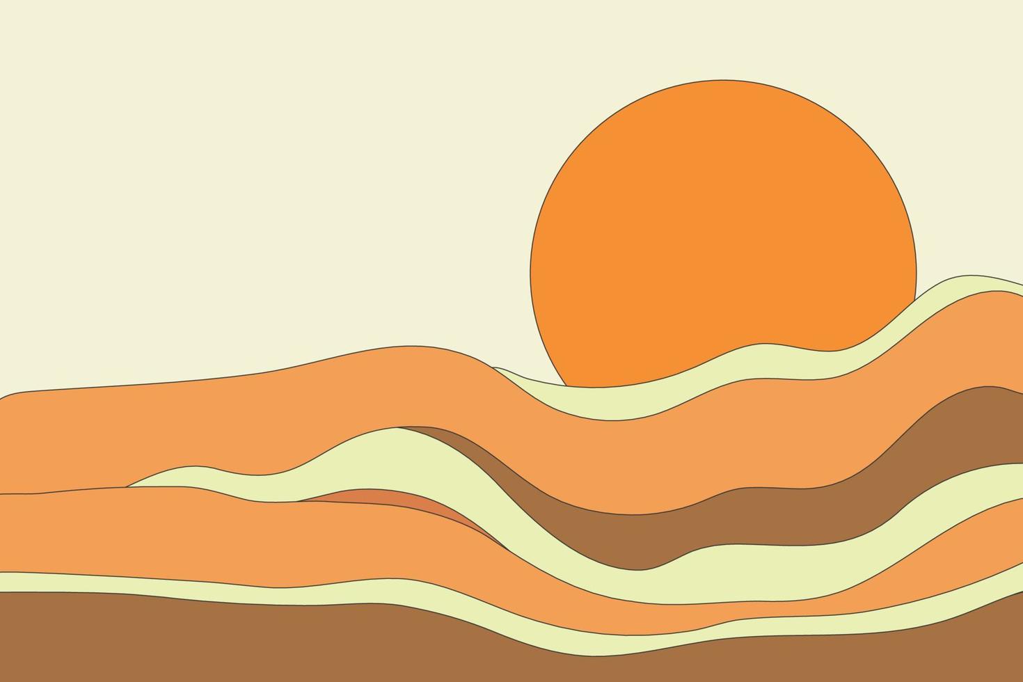 paysage de montagnes colorées et illustration 2d en forme de soleil rond. texture de dessin au trait de mouvement lumineux vecteur