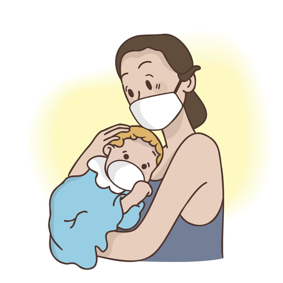 le petit bébé et la maman portent des masques pour se protéger du virus corona. illustration du coronavirus de wuhan illustration de la pneumonie de wuhan vecteur