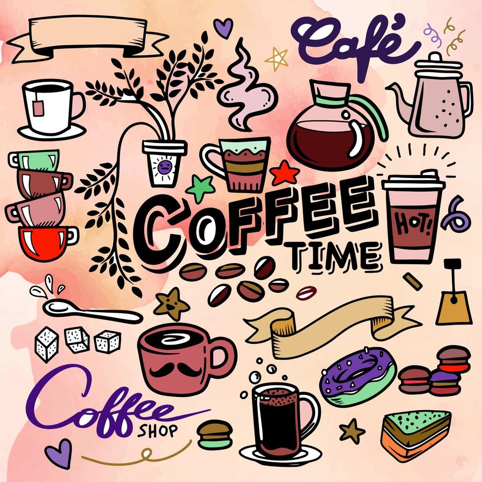 concept de doodle de café - illustration de croquis sur l'heure du café. vecteur