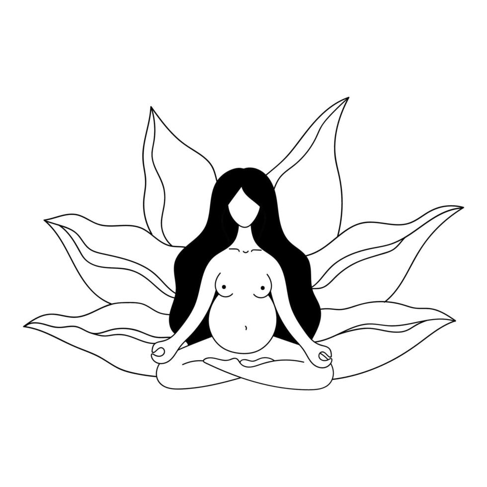 contour vectoriel belle femme enceinte nue sur le fond d'une fleur médite. maternité, accouchement, préparation à l'accouchement, centre médical prénatal. illustration isolé sur fond blanc.