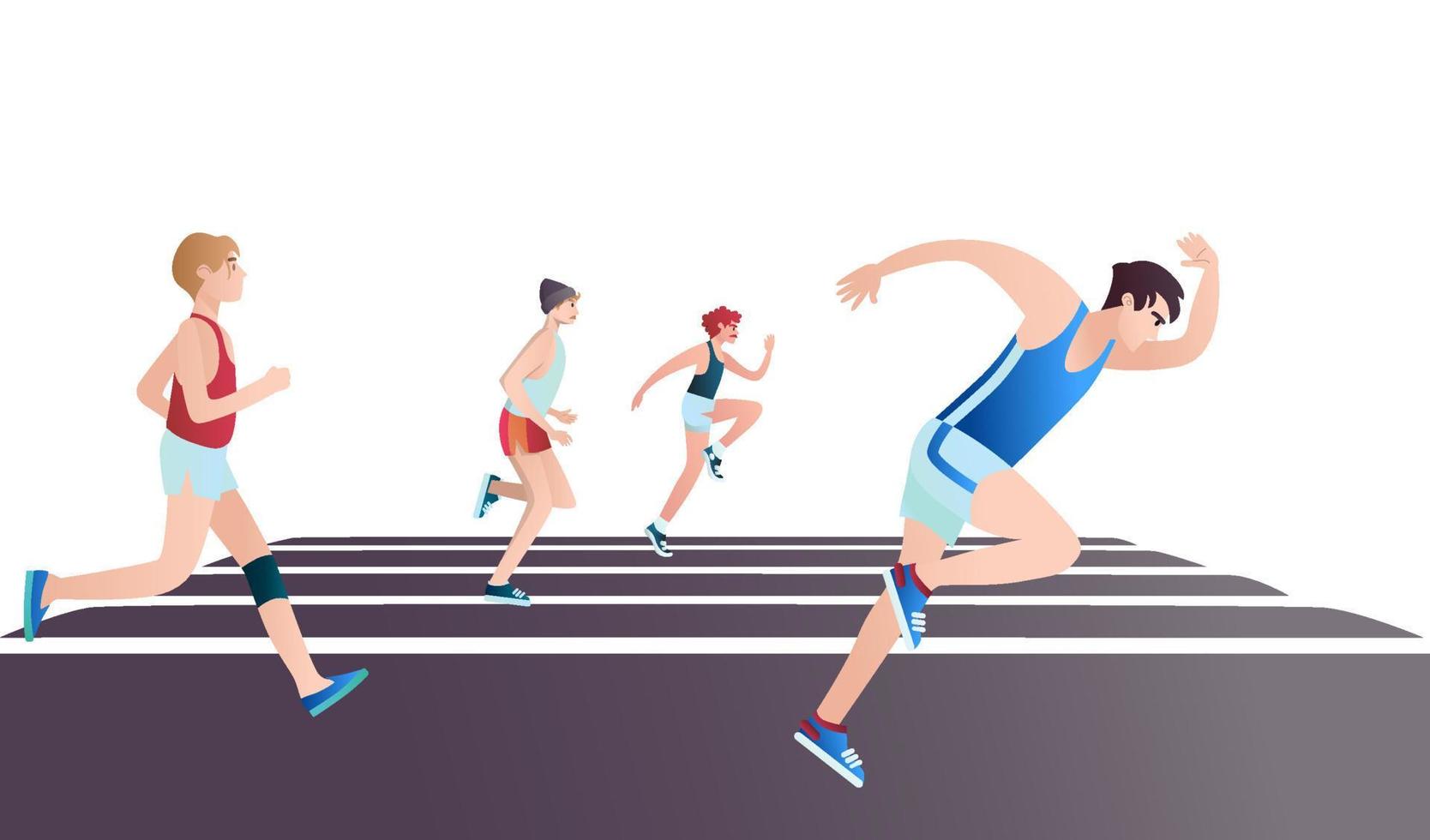 des hommes vêtus de vêtements de sport courant une course de marathon. personnages de dessins animés plats isolés sur fond. illustration vectorielle vecteur