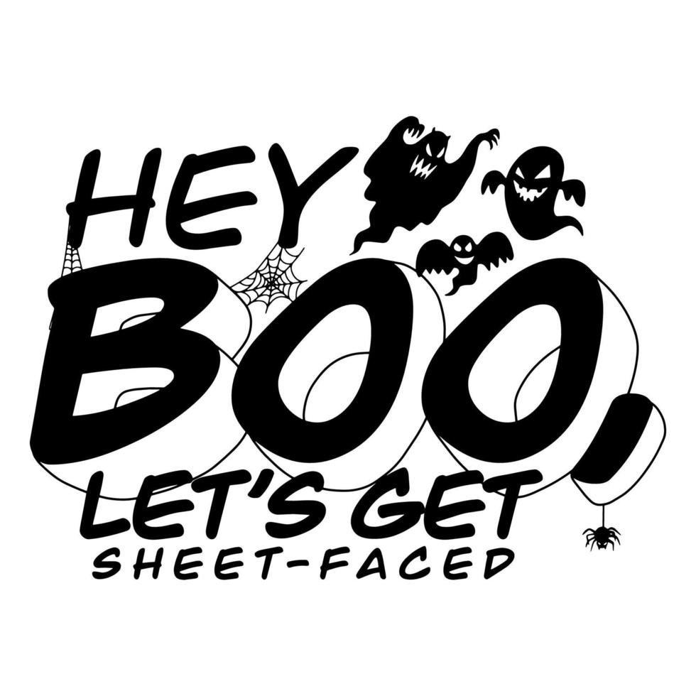 hey boo, allons faire face à la feuille, jeu de mots d'halloween, illustration, jolis griffonnages dessinés à la main vecteur