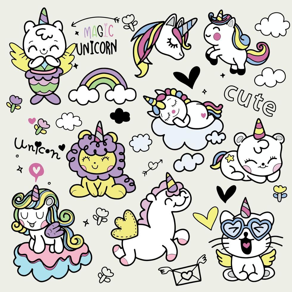 licorne de dessin animé. personnages de conte de fées drôles mignons poney magique illustrations d'animaux heureux vecteur