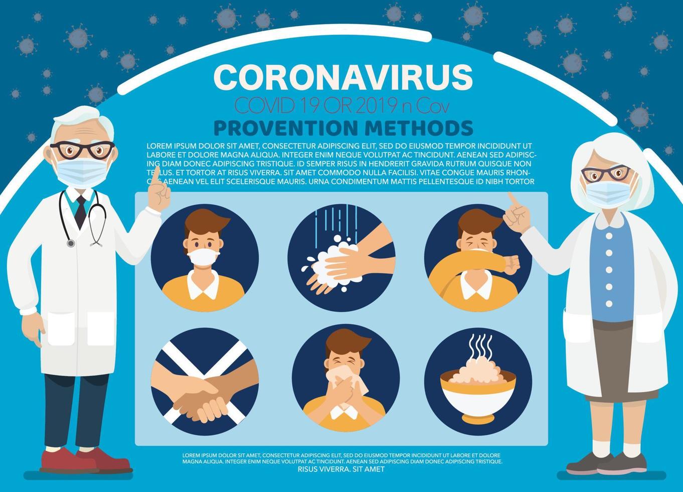 préventions des coronavirus. le médecin explique les infographies, porte un masque facial, se lave les mains, mange des aliments chauds et évite d'aller dans les endroits à risque. illustration vectorielle. idée pour l'épidémie de coronavirus et les préventions. vecteur