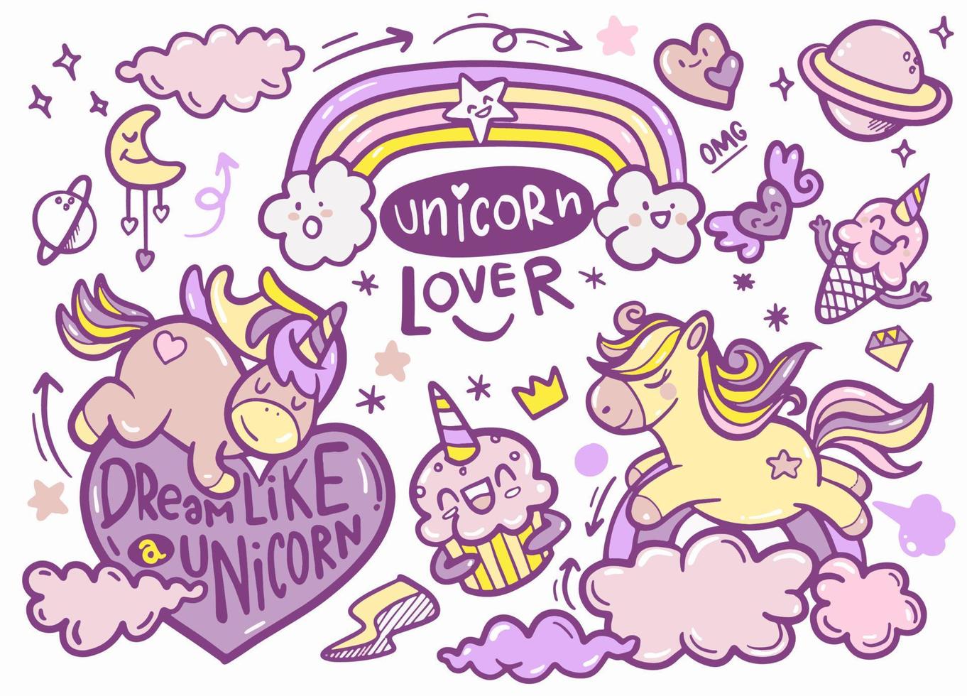 jolie collection de licorne et poney avec objets magiques, arc-en-ciel, ailes de fée, cristaux, nuages, potion. style de ligne dessiné à la main. illustrations vectorielles de griffonnages. vecteur