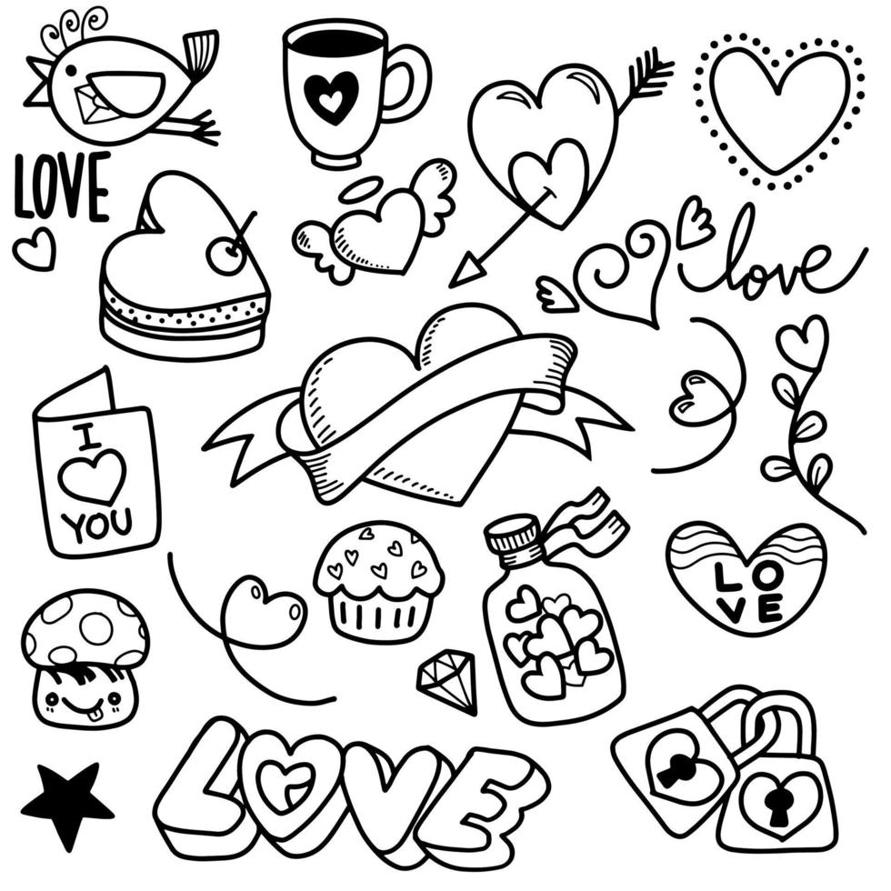 collection d'éléments de la saint-valentin doodle, grande affiche à colorier drôle dans le style doodle. grand coloriage vecteur