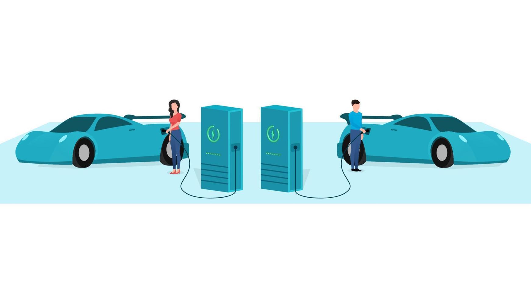 homme et femme chargeant une voiture de sport à la station de charge de véhicule électrique, véhicule au point de charge ev, illustration vectorielle de caractère commercial sur fond blanc. vecteur