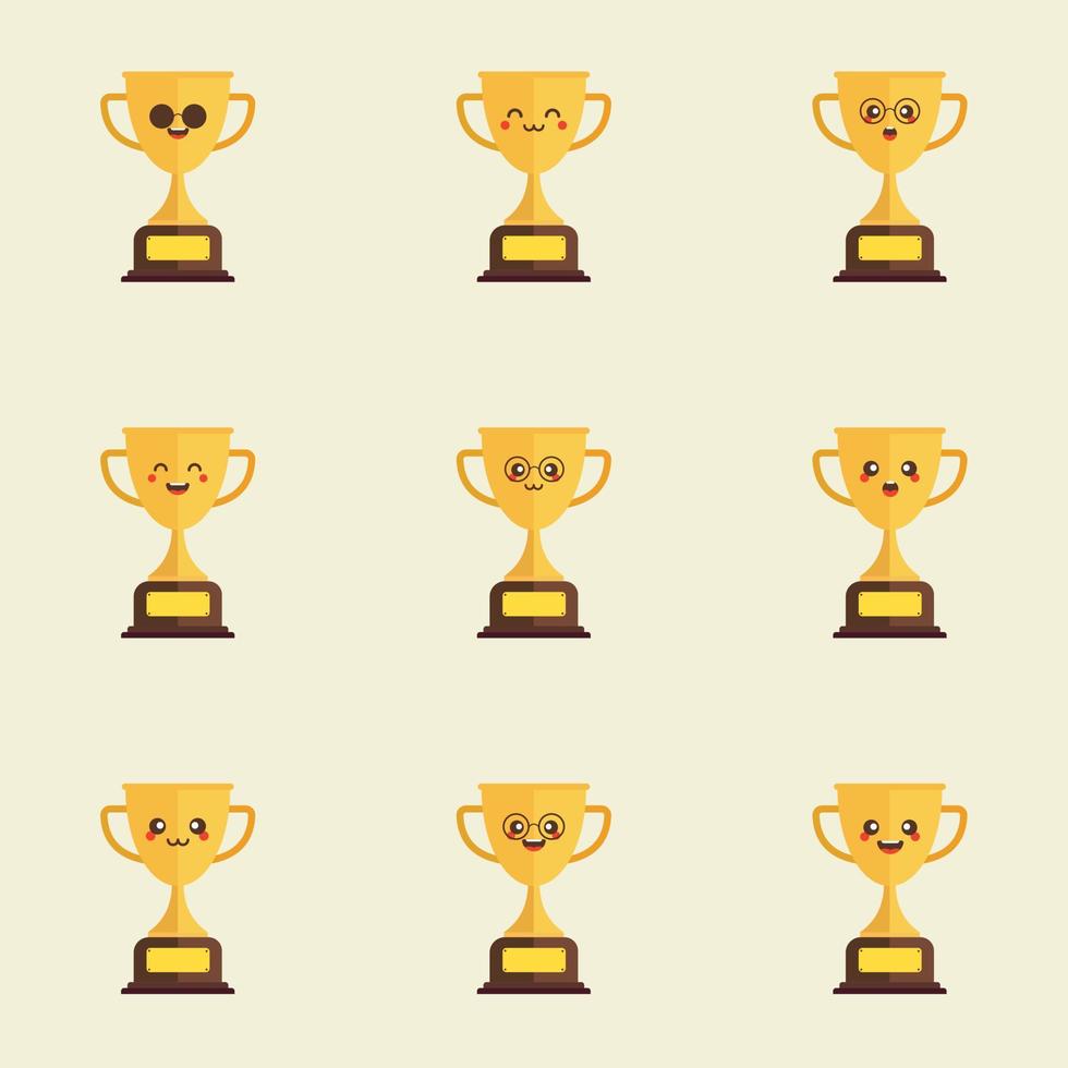 ensemble d'icônes de ligne emoji trophée mignon dans différentes expressions vecteur