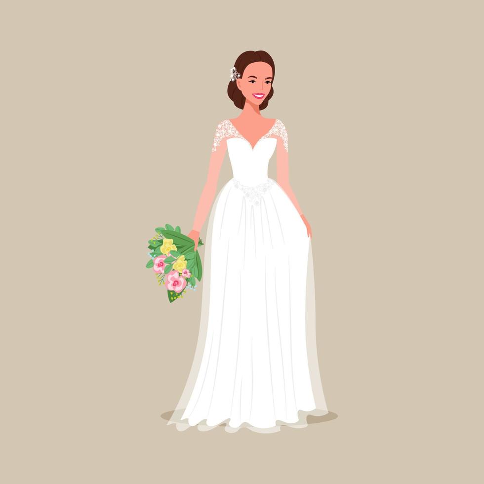 la mariée en robe de soirée avec un bouquet dans les mains. illustration vectorielle en style cartoon plat vecteur